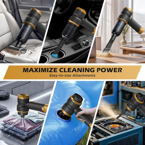4-in-1 Handheld Car Vacuum Cleaner | 15000Pa Strong Suction Cordless Mini Hoover with 2000mAh Rechargeable Battery | Portable Powerful Cleaner for Car, Home & Office (Gold)
