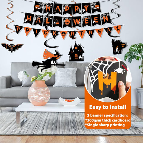 AMLOOPH Halloween Decorations Indoor Set – Happy Halloween Banner, Trick or Treat Bunting, Bat Stickers, Hanging Decorations, Balloons & Garlands for Halloween Parties and Home Décor8