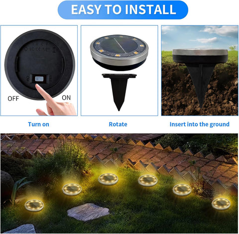 Jsdoin 6PCS Solar Floor Lights Outdoor, 8 LED Lights Waterproof Outdoor Light, IP68 Garden Light Stainless Steel Solar Lamp for Walkway, Terrace, Outdoor, Lawn, Entrance (Warm)