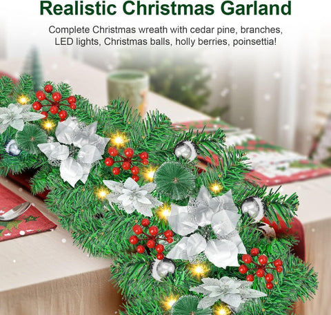 Christmas Garland with LED Lights 9ft Silver White