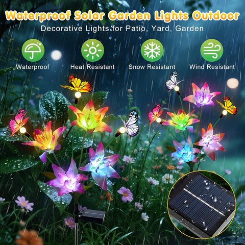 Fohil Solar Lights Outdoor Garden, 2 Pack LED Solar Flower Lights, Lily Flower Butterfly Solar Lights Waterproof Garden Ornaments Outdoor Yard, Patio, Landscape, Walkway Grave Decorations