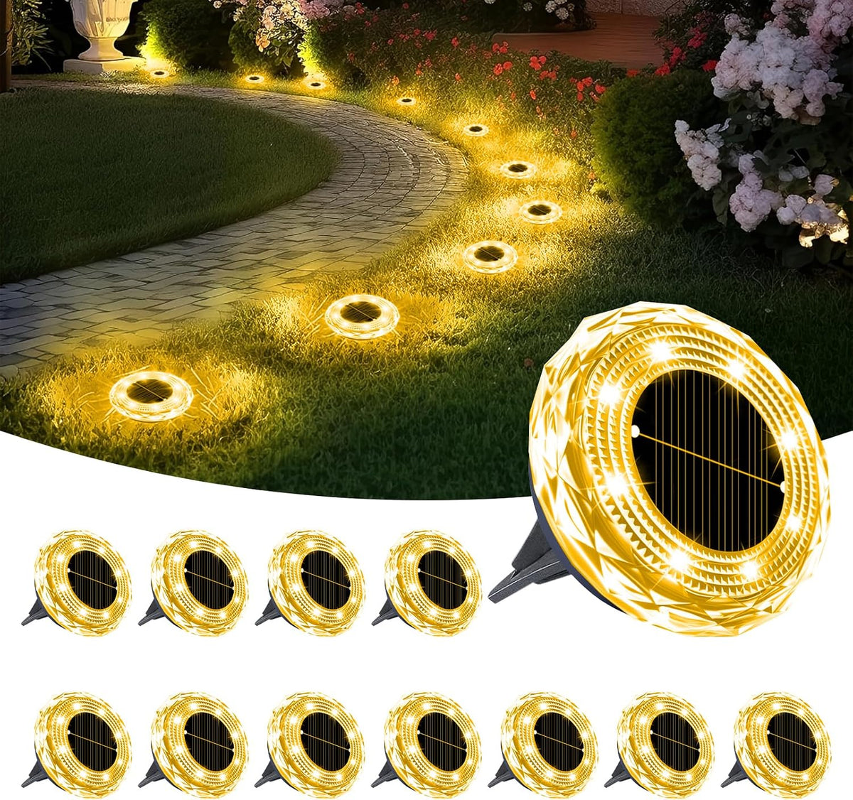 Solar Lights Outdoor Garden, 12 Pack Solar Ground Lights IP65 Waterproof, 8 LED Light Beads for Pathway Yard Walkway Patio Lawn Path (Warm Light)