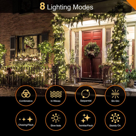 ANSIO Christmas Lights 100 LED 10m Warm White Mains Powered Clear Cable – Indoor & Outdoor Fairy String Lights with 8 Light Functions for Christmas, Weddings & Parties