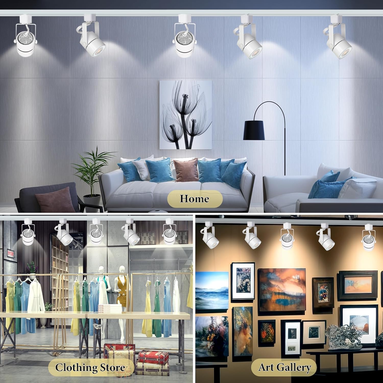 Collage of interior design scenes including a living room, clothing store, and art gallery.