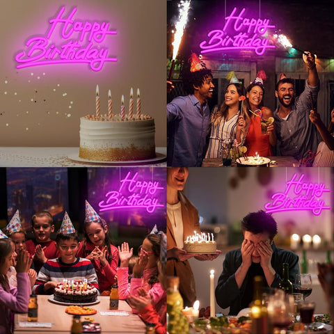 Pink Happy Birthday Neon Sign – Battery & USB Powered, Adjustable Brightness LED Neon Wall Light for Party Décor (15x9.6in)