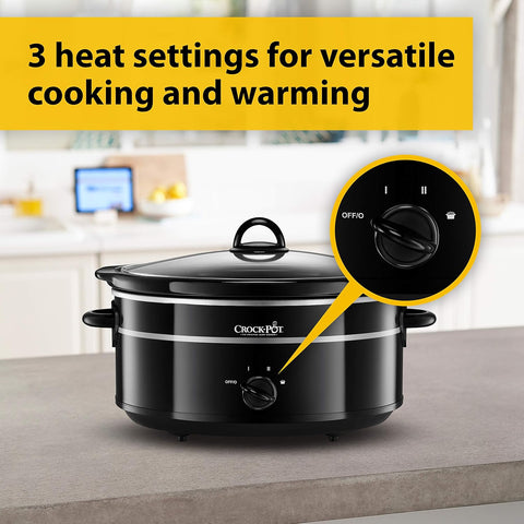 6.5L Black Slow Cooker with Removable Ceramic Bowl | 3 Heat Settings | Family-Sized Easy-Clean Crock Pot
