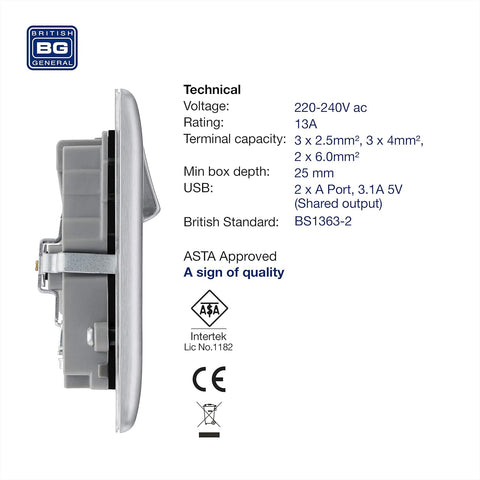 BG Electrical Double Switched Power Socket with 2 USB Ports