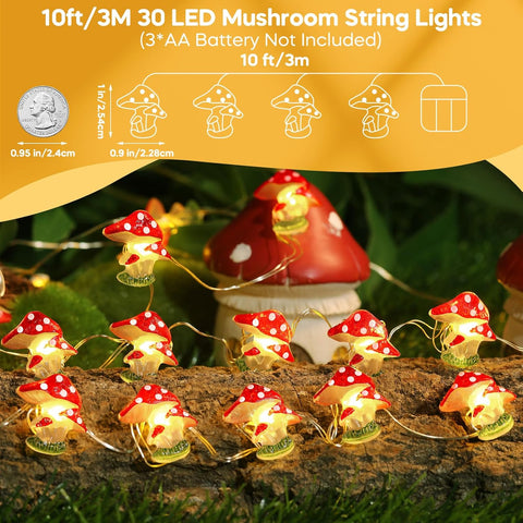 3M 30 LED Mushroom Fairy String Lights | Battery Operated Cute Room & Garden Decor for Bedroom, Party, Wedding & Christmas