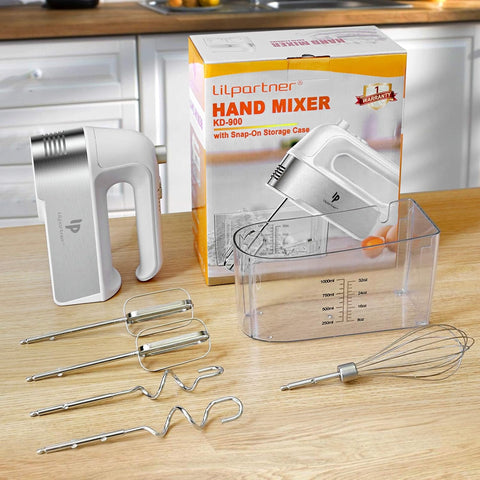 LILPARTNER 450W Electric Hand Mixer with Scale Cup & Storage Case – Silver White