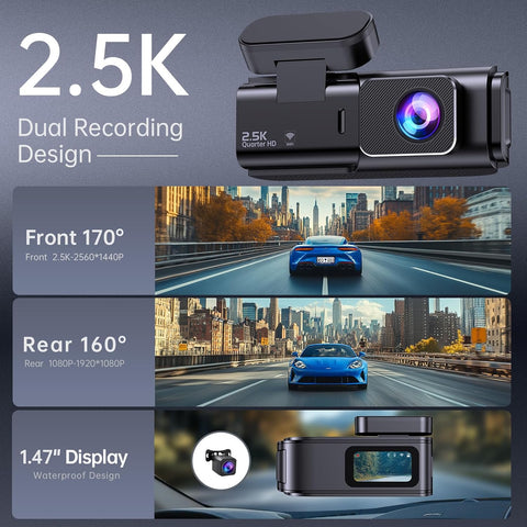 Dash Cam Front & Rear 2.5K+1080P Black, Dual Car Camera with WiFi