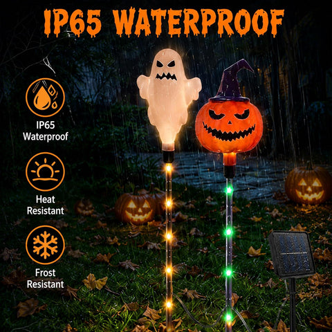 5 Pack Christmas Outdoor Powered Stake Lights, Battery Operated, Waterproof LED Christmas Pathway Lights for Yard Patio Garden Decoration (White Ghost + Pumpkin)