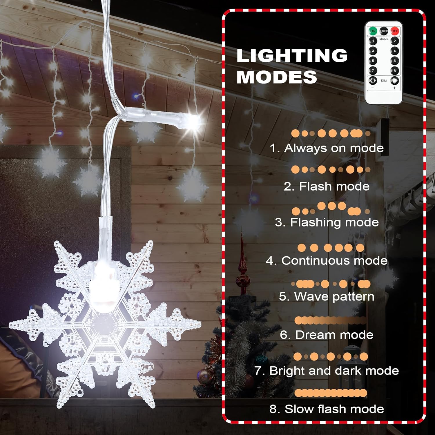 Decorative string lights with a snowflake design and remote control displaying lighting modes.