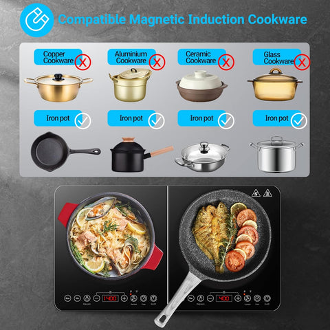 Aobosi Double Induction Hob 2800W Black Glass Panel – 20 Temp Settings, 2 Burners, Safety Lock