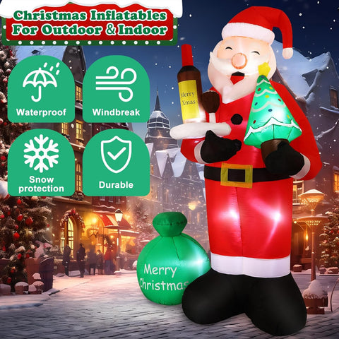8FT Inflatable Santa Claus Holding Red Wine with Built-in LED Lights, Large Outdoor Christmas Decoration for Garden, Yard & Party Décor – Black & Red