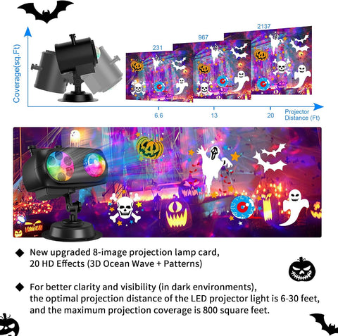 COOLWUFAN Halloween & Christmas Projector Lights Outdoor Indoor – 3D Ocean Wave LED Projector with Remote, 20 HD Effects, IP65 Waterproof, 5m Cable for Garden, Yard & Party Decor