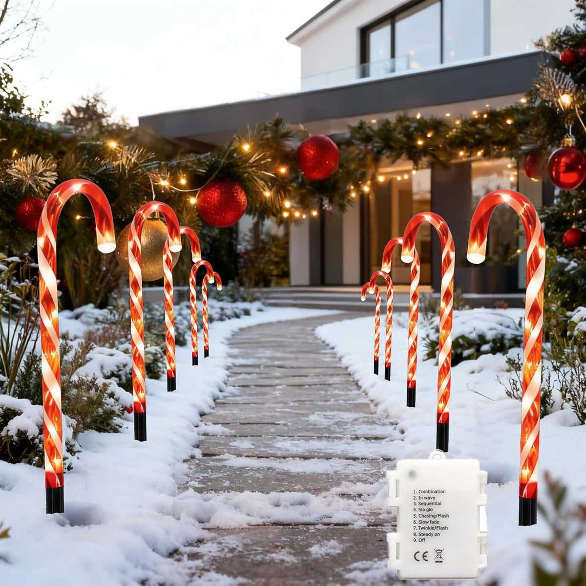 5 Pieces Christmas Pathway Lights 55cm, Red Candy Cane Stakes Battery Operated, Garden Outdoor Christmas Decorations Patio Pathway Drive Way Lights