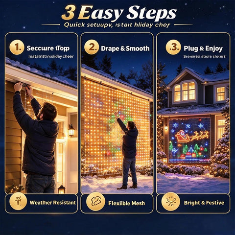Christmas LED House Net Lights 1x1m – 400 RGB Outdoor Curtain Lights with Remote, Timer & Dynamic Effects – Turn Your Home into a Colourful Christmas Wonderland