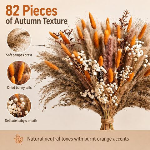 82 Pcs Dried Flowers Bouquet for Fall Decor, Autumn Pampas Grass Decor 44cm Orange natural dried flowers for autumn decor, vase filler and wedding table centrepiece; DIY pack, no vase included.