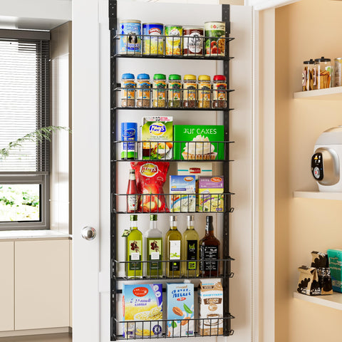Delamu 8-Tier Over Door Storage Organiser, Adjustable Metal Pantry Shelves, Hanging Spice Rack for Kitchen, Bathroom & Laundry, White