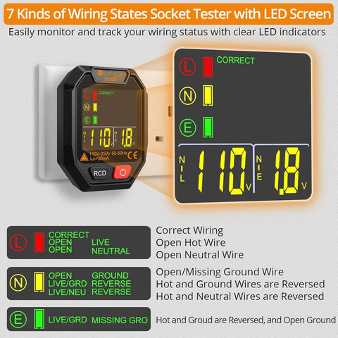 NEOTECK SOCKET TESTER WITH LCD DISPLAY & NON-CONTACT VOLTAGE TESTER PEN ORANGE 12-1000V AC DETECTOR KIT