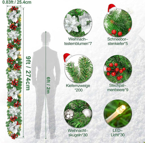 Christmas Garland with LED Lights 9ft Silver White