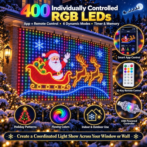 Smart LED Curtain Lights Christmas 1.6×1.6M – 256 RGB LEDs, 6 Dynamic Modes & Remote Control – Turn Plain Walls Into a Colourful Festive Glow