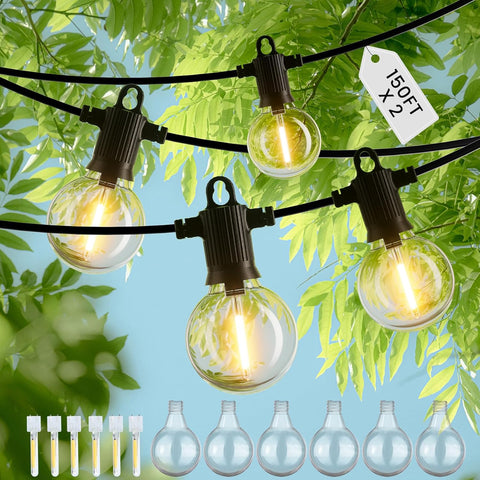 String lights with clear bulbs hanging among green leaves, with a close-up inset of individual bulbs.