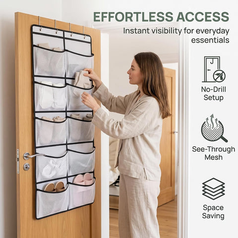 Lyyixbix Hanging Storage Organiser, 10 Extra-Large Mesh Pockets, 126 × 55cm, Grey and White Over Door Shoe Rack with 4 Hooks for Clothes, Toys and Bathroom Essentials
