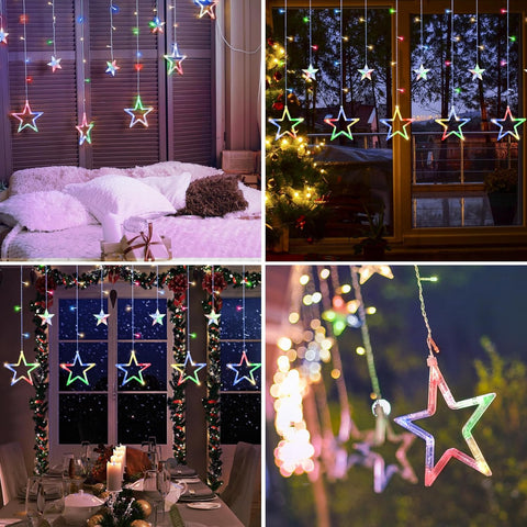 Jsdoin Christmas LED Stars Curtain Lights 12 Stars 138 Multicolour String Lights