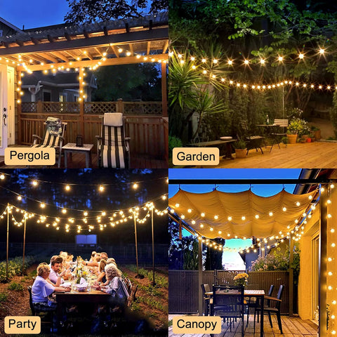 Collage of outdoor settings with string lights including pergola, garden, party, and canopy.