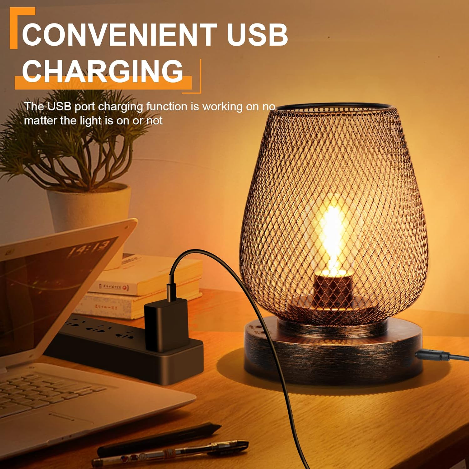Table lamp with USB cable connected to a laptop on a desk, with text about convenient USB charging.