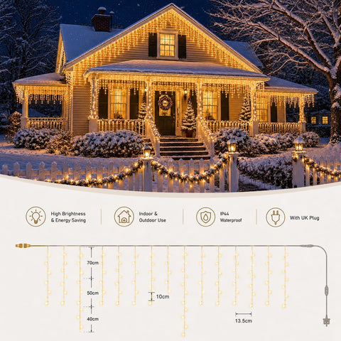 200 LED Warm White Icicle Fairy Lights – Plug In Christmas Lights with 8 Modes & 6-Hour Timer for Windows, Roofs, Fences & Gardens - Bring a Cosy Christmas Glow to Every Evening