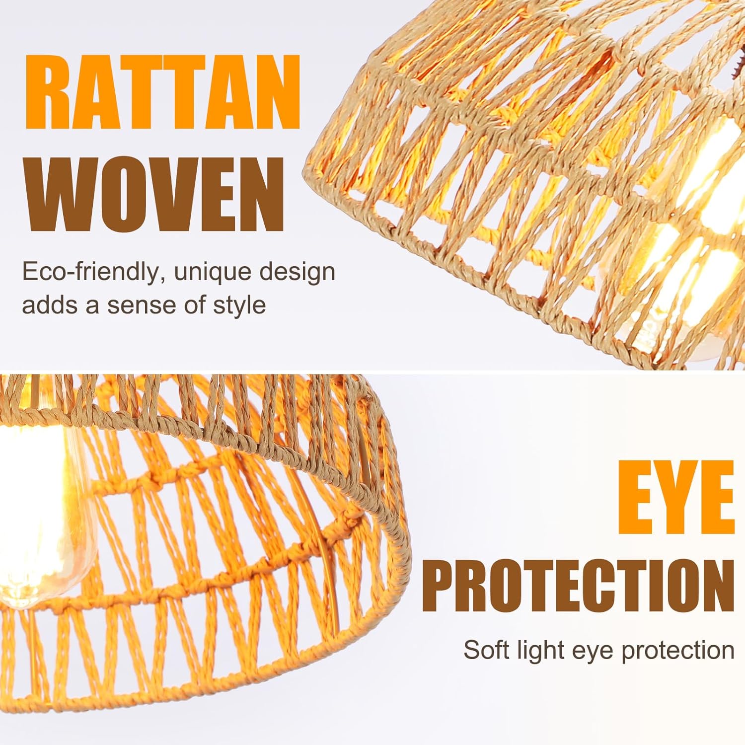 Rattan woven design with text highlighting eco-friendliness and eye protection on a white background.