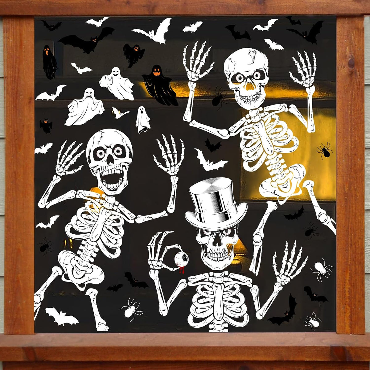AMLOOPH Halloween Window Stickers – 104-Piece Reusable Skeleton & Ghost Window Clings with Bats and Spiders, Large Double-Sided Halloween Decorations for Windows, Glass, Mirrors & Parties