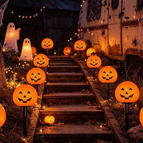 2 Sets 7ft Halloween Pathway Lights, Outdoor Pumpkin Stake Lights with 4 Jack-O Lanterns and 4 Stakes for Halloween Decorations Outdoor Walkway