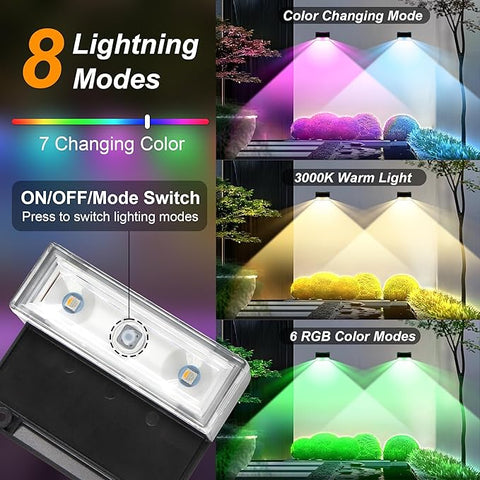 4 pack Dynamic RGB Solar Fence Lights - 8 Lighting Modes Waterproof LED Floodlights with 12+ Hour Runtime