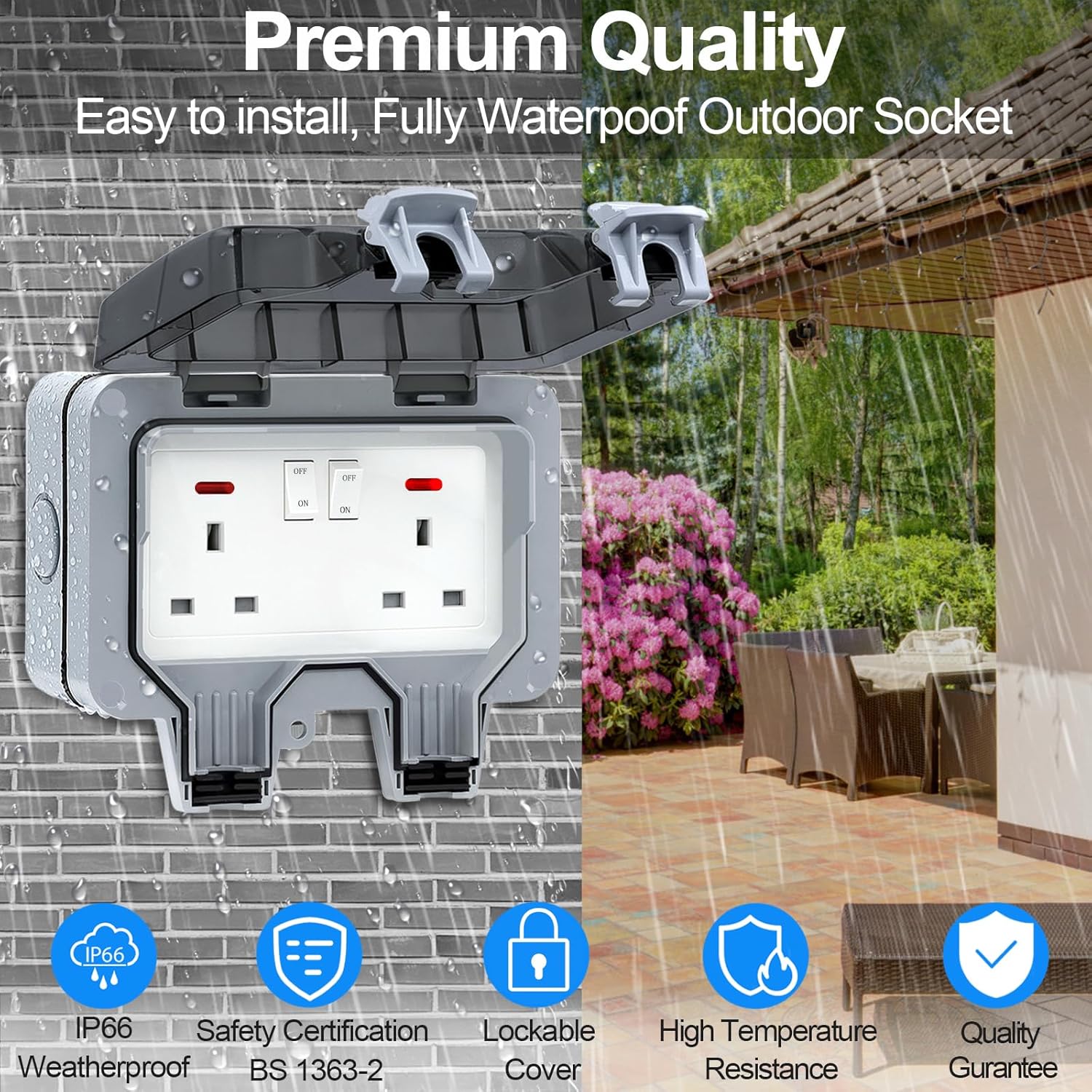 Outdoor socket with waterproof and weatherproof features, shown outdoors.