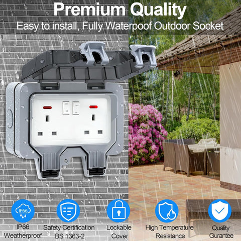 Outdoor socket with waterproof and weatherproof features, shown outdoors.