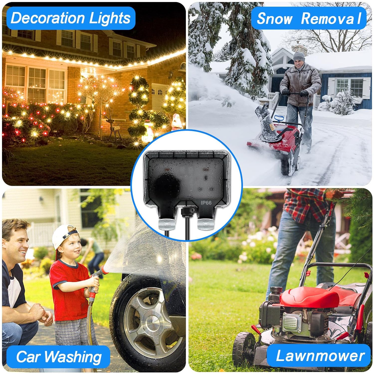 Collage of images showing decoration lights, snow removal, car washing, and a lawnmower.