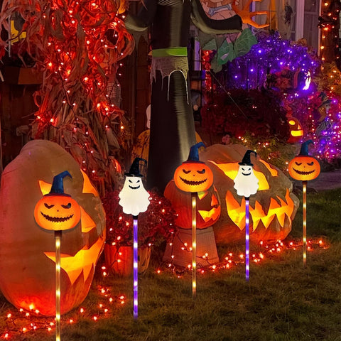 Halloween Solar Lights Outdoor, Halloween Yard Stakes with 6Pcs Ghosts Pumpkin Solar Lights, 8 for Yard, Garden, Decorations