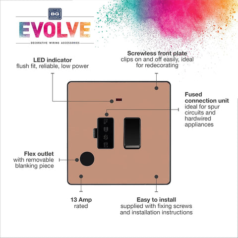 BG Electrical Switched Fused Connection Unit with LED Power Indicator and Flex Outlet, Fused Spur Switch, Double Pole, Screwless Front Plate, Round Edges, Evolve, Polished Copper, 13A, PCDCP52B