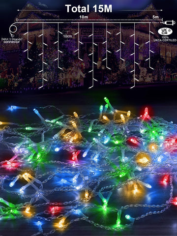 10m Icicle Lights, 320 LED Outdoor Multicolour Christmas Lights – Remote Control, Timer & IP65 Waterproof - Turn Your Roofline Into a Festive Glow