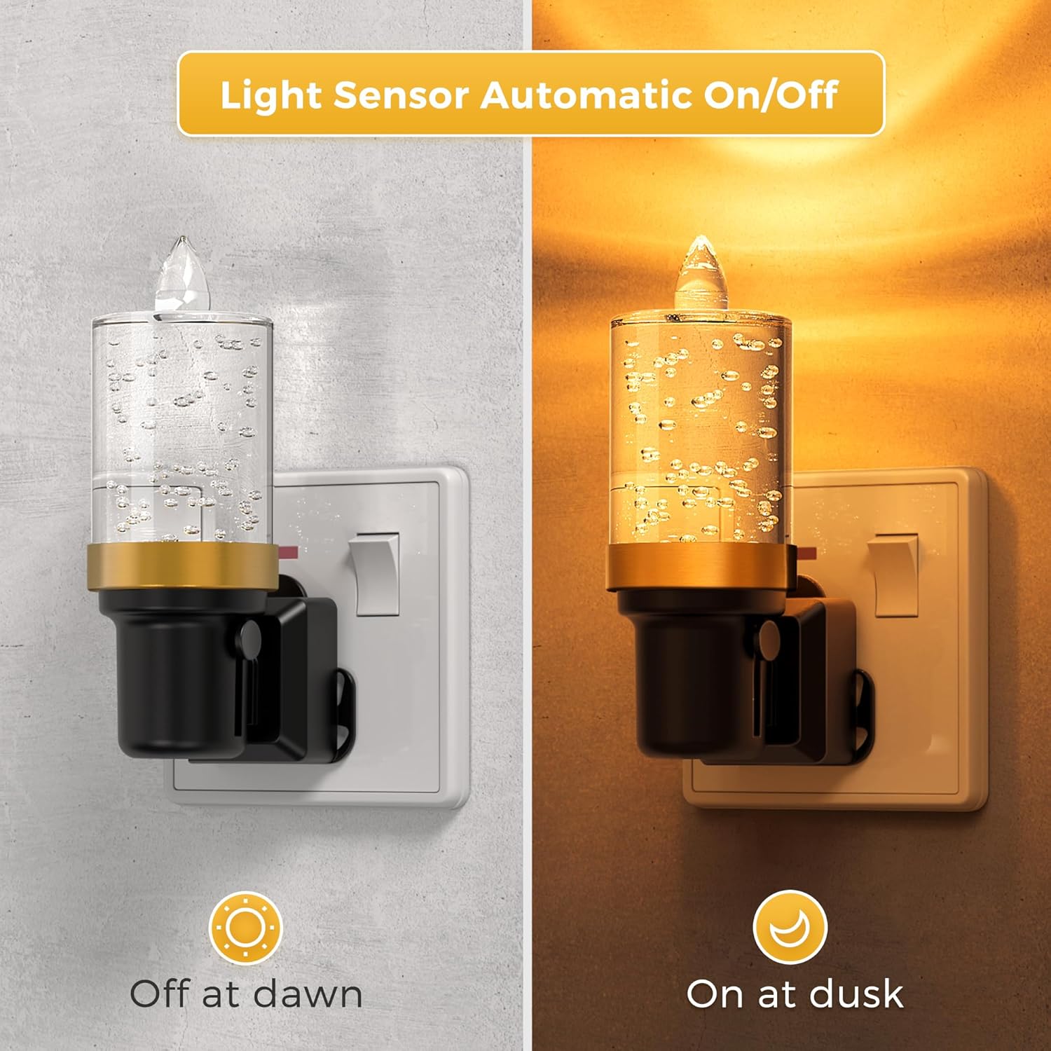 Two night lights with light sensor functionality on a gray and brown background.