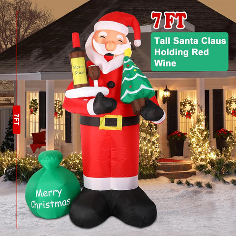 8FT Inflatable Santa Claus Holding Red Wine with Built-in LED Lights, Large Outdoor Christmas Decoration for Garden, Yard & Party Décor – Black & Red
