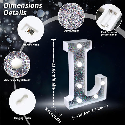 Letter L Style LED Marquee Lamp, Silver Glitter Light Up Letter Sign, Battery Powered Tabletop Decorative Marquee Light with On/Off Switch for Wedding, Birthday, Party and Home Decor