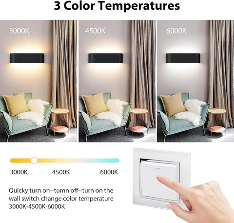 Indoor Led Wall Lights - 2 Pack 3000K/4500K/6000K Adjustable Color Temperature Wall Lights for Bedroom Living Room Kitchen Dining Room (Black, 2 Pack)