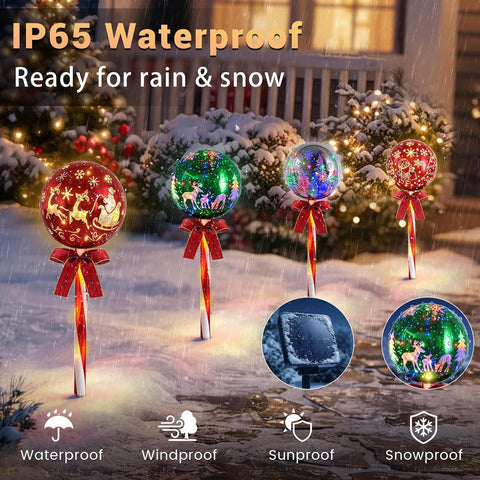 Christmas Pathway Lights Outdoor, 6 pcs Candy Cane Christmas Reindeer Lights with 8 Modes, Outdoor Decorations Light, LED Santa Claus Gift for Yard Path Garden Decor (Red Green - Xmas Ball)