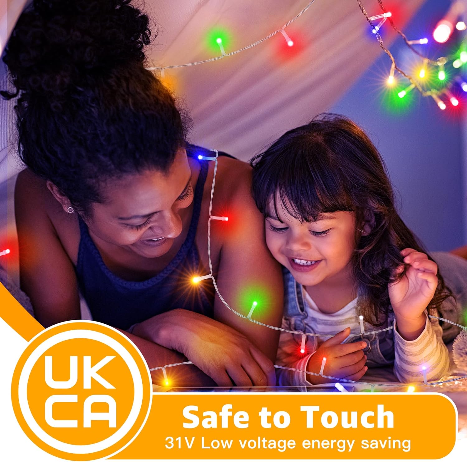 Woman and child playing with string lights, UKCA safe to touch label visible