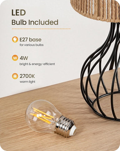 GOEBELSON Bedside Table Lamp – Black Metal Table Lamp with Hand-Woven Paper Rattan Shade, 4W 2700K LED Bulb Included, E27 Bedroom & Desk Lamp