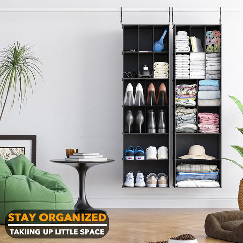 SpaceAid 2-Pack Hanging Closet Organiser, 24 Compartments with Dividers, Black Non-Woven Fabric Storage Shelves for Shoes, Clothes, Wardrobes and RVs